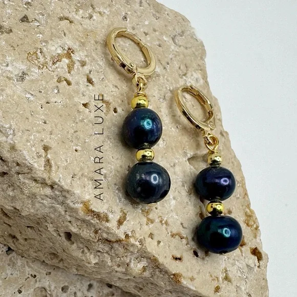 Black Baroque Freshwater Pearl Earrings - Picture 5 of 6